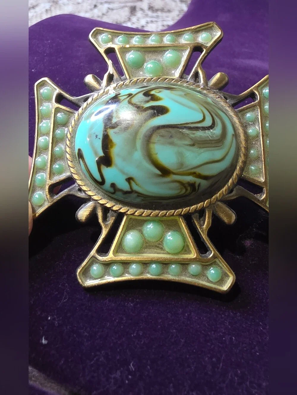 Vintage Brass Tone Dress Clip Turquoise Cabochon
